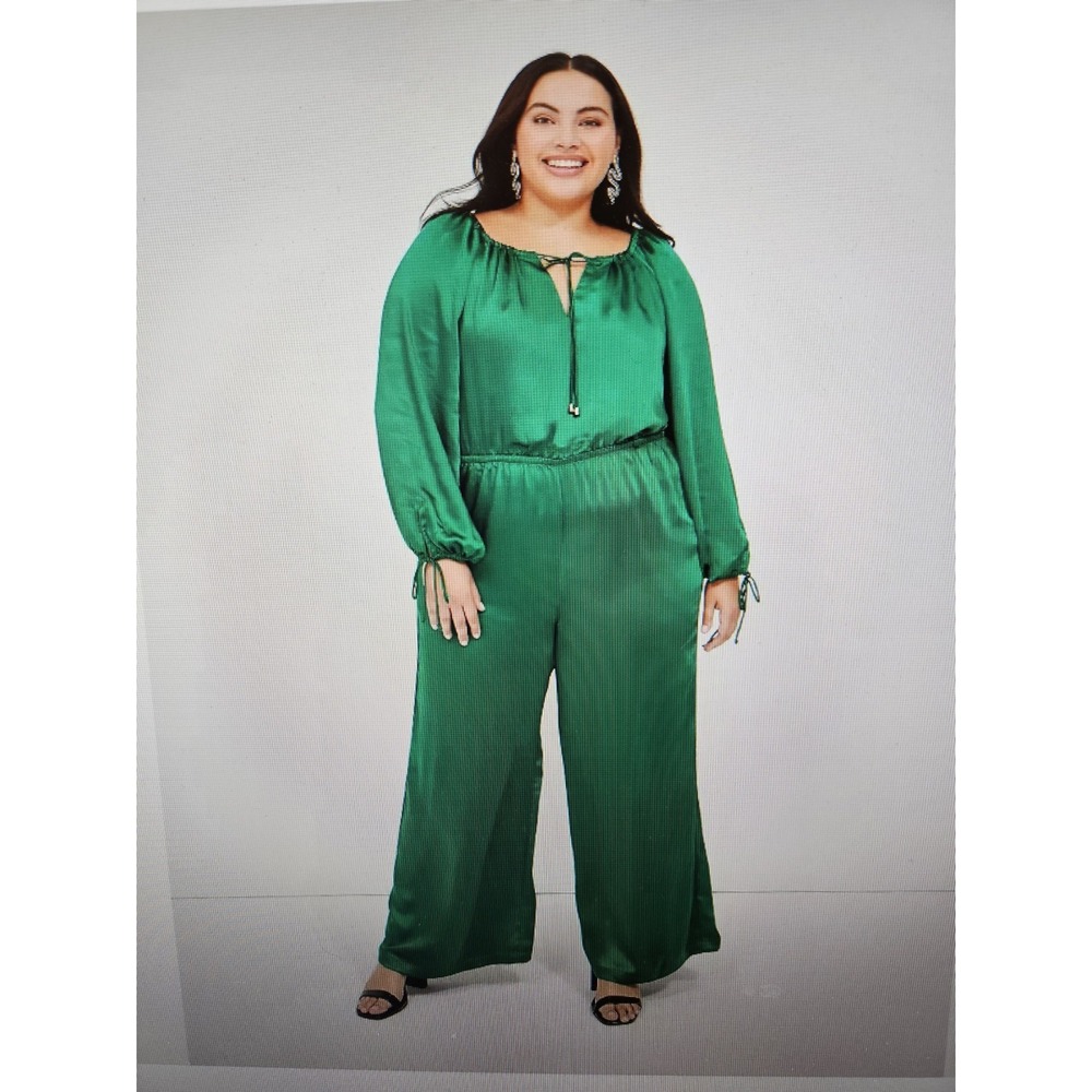 NWT Lane Bryant LS Emerald Green Satin Tie Neckline & Cuffs Wide Leg Jumpsuit 16